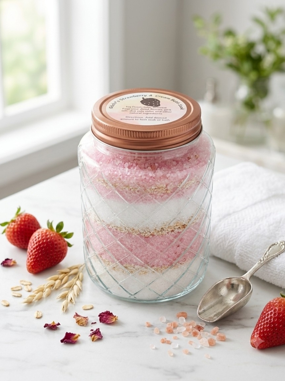 Strawberry & Cream Bath Salt Jar with Oatmeal